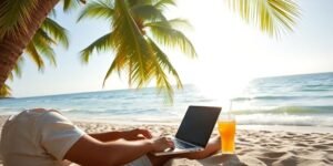 Person working on laptop at beach.