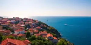 Coastal Portuguese village with orange roofs.