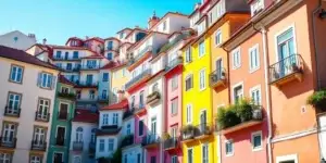 Colorful Lisbon apartments on a sunny hillside.