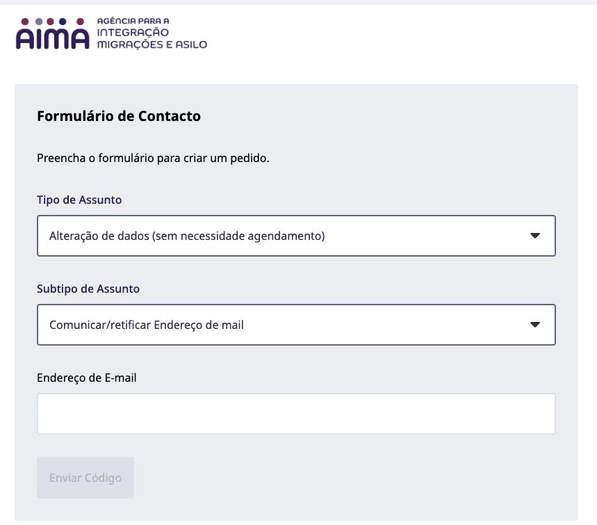 Screenshot of AIMA contact page to update email