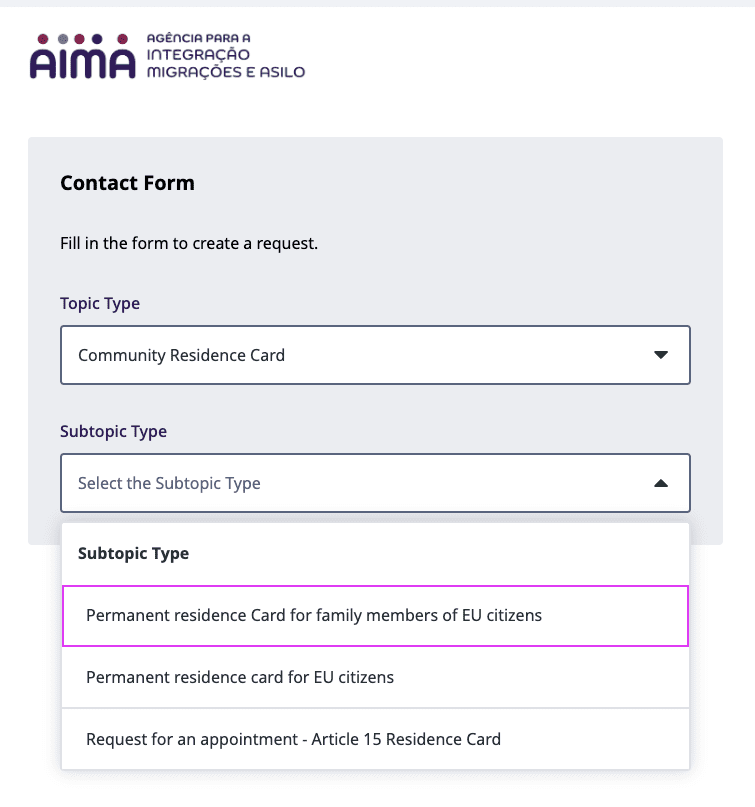 AIMA Form Portugal for EU family members