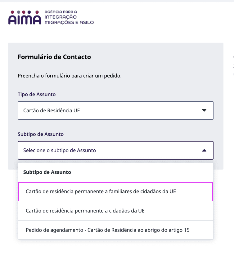 Formulário AIMA Portugal para familiares UE