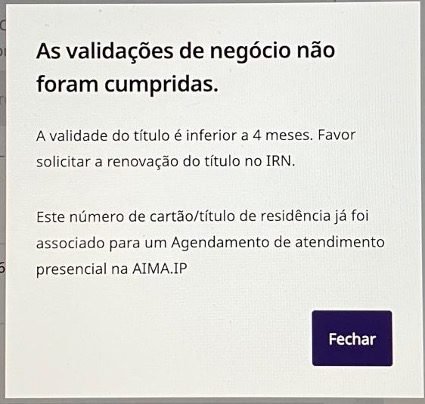 Mensagens de erro do formulário AIMA