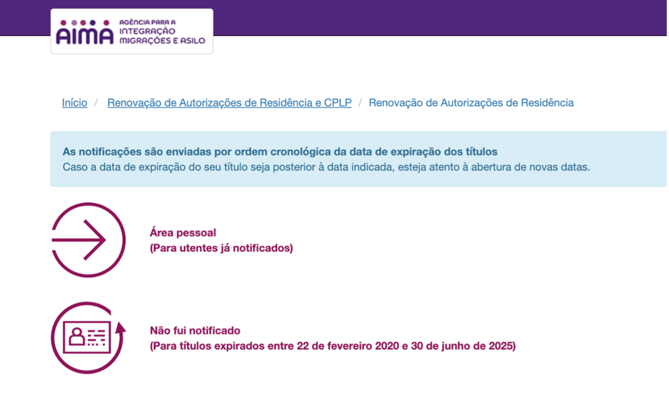 Portal AIMA para renovações 2020-2025